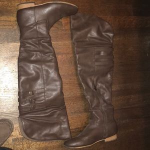 Brown over the knee faux leather boots